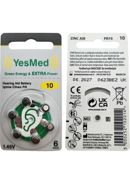 Yesmed Extra Power 10 Numara Işitme Cihazı Pili (1 Paket = 6 Adet Pil)