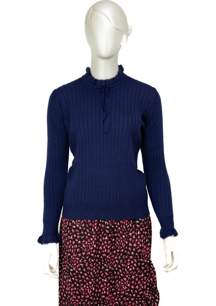 Kadın Pamuklu Örme Badi Kazak Likralı Esnek Çizgi Motifli Bağcıklı Yuvarlak Yakalı Uzun Kollu