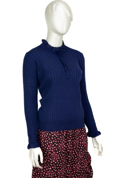 Kadın Pamuklu Örme Badi Kazak Likralı Esnek Çizgi Motifli Bağcıklı Yuvarlak Yakalı Uzun Kollu fiyatları