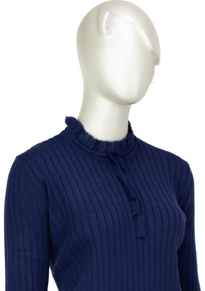 Kadın Pamuklu Örme Badi Kazak Likralı Esnek Çizgi Motifli Bağcıklı Yuvarlak Yakalı Uzun Kollu modelleri