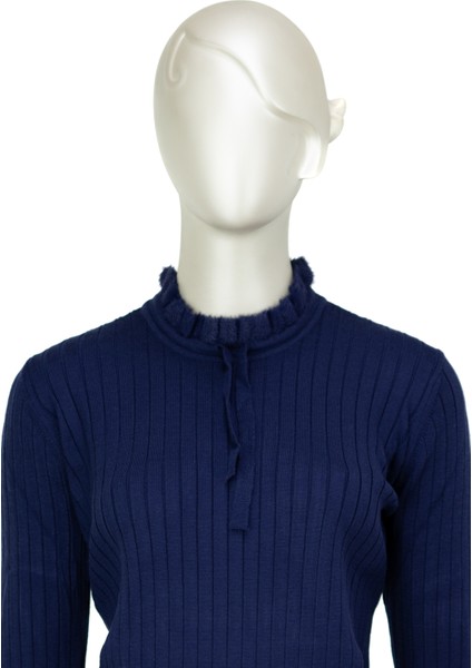 Kadın Pamuklu Örme Badi Kazak Likralı Esnek Çizgi Motifli Bağcıklı Yuvarlak Yakalı Uzun Kollu fırsatları