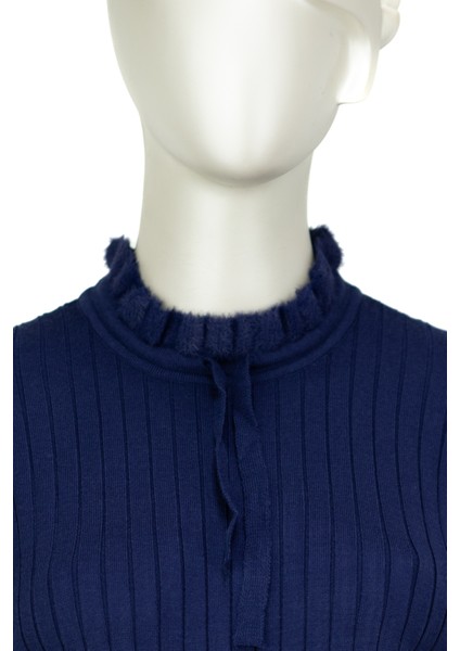 Kadın Pamuklu Örme Badi Kazak Likralı Esnek Çizgi Motifli Bağcıklı Yuvarlak Yakalı Uzun Kollu indirimleri