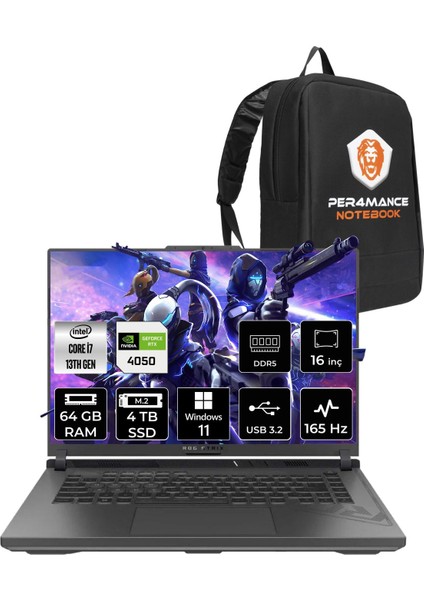 Rog Strix G16 Intel Core I7 13650HX 64GB 4tb SSD RTX4050/6GB 165HZ 16" Fhd+ W11P Taşınabilir Bilgisayar N3196 & Per4 Çanta N3196P415