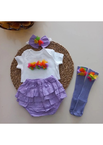 Kız Bebek Lila Potpori Fırfırşort Etek Bandana Çorap Takım