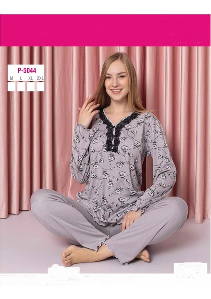 Kadın Bambu Interlok Uzun Kol Yakası Nakışlı V Yaka Pijama Takımı P5044 - 1 Adet