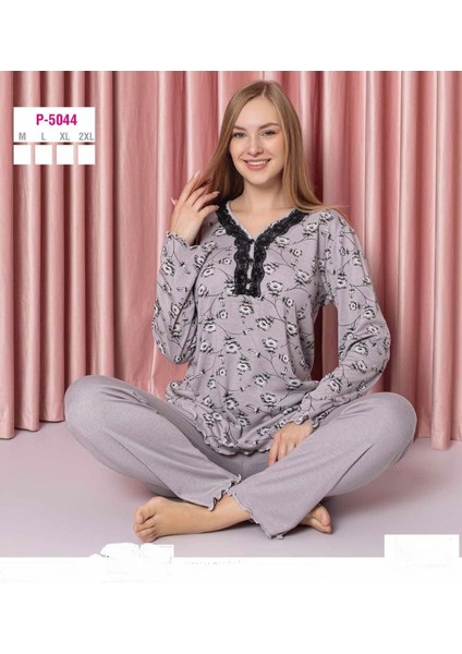 Kadın Bambu Interlok Uzun Kol Yakası Nakışlı V Yaka Pijama Takımı P5044 - 1 Adet