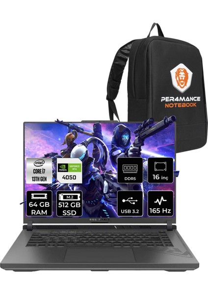 Rog Strix G16 Intel Core I7 13650HX 64GB 512GB SSD RTX4050/6GB 165HZ 16" Fhd+ Fdos Taşınabilir Bilgisayar N3255 & Per4 Çanta N3255P332