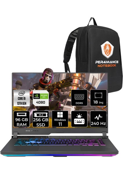 Rog Strix G18 Intel Core I9 13980HX 96GB 256GB SSD RTX4080/12GB 240HZ 18" Qhd+ W11H Taşınabilir Bilgisayar N6002 & Per4 Çanta N6002P376