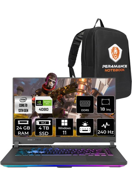 Rog Strix G18 Intel Core I9 13980HX 24GB 4tb SSD RTX4080/12GB 240HZ 18" Qhd+ W11H Taşınabilir Bilgisayar N6002 & Per4 Çanta N6002P355