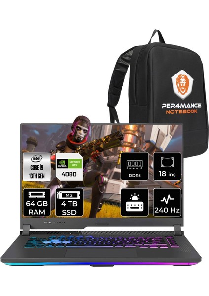 Rog Strix G18 Intel Core I9 13980HX 64GB 4tb SSD RTX4080/12GB 240HZ 18" Qhd+ Fdos Taşınabilir Bilgisayar N6022 & Per4 Çanta N6022P335