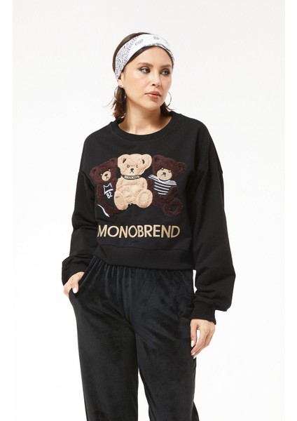 Sıfır Yaka Ayıcık Figürlü Sweat Siyah