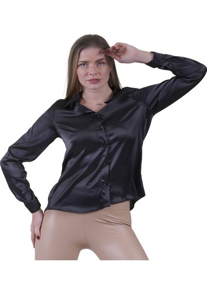 Siyah Hafif Dökümlü Sırtı Körüklü Saten Dokuma Kadın Gömlek modelleri