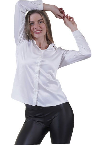 Beyaz Hafif Dökümlü Sırtı Körüklü Saten Dokuma Kadın Gömlek fiyatları