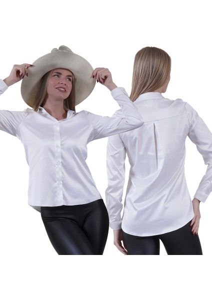 Beyaz Hafif Dökümlü Sırtı Körüklü Saten Dokuma Kadın Gömlek fırsatları