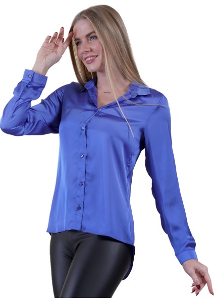 Mavi Hafif Dökümlü Sırtı Körüklü Saten Dokuma Kadın Gömlek modelleri