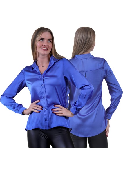 Mavi Hafif Dökümlü Sırtı Körüklü Saten Dokuma Kadın Gömlek fırsatları