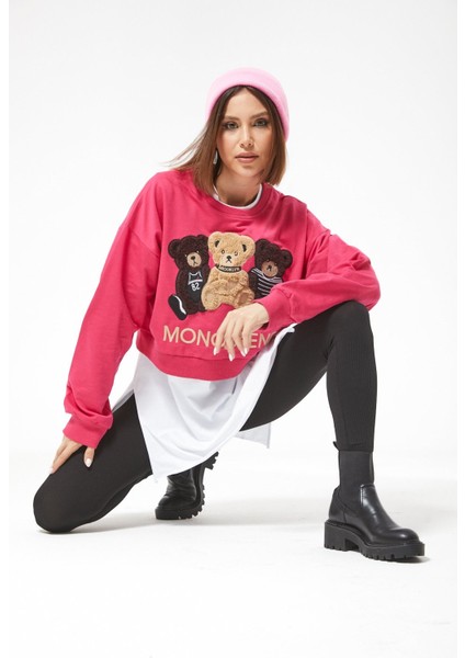 Sıfır Yaka Ayıcık Figürlü Sweat Koyu Pembe fiyatları
