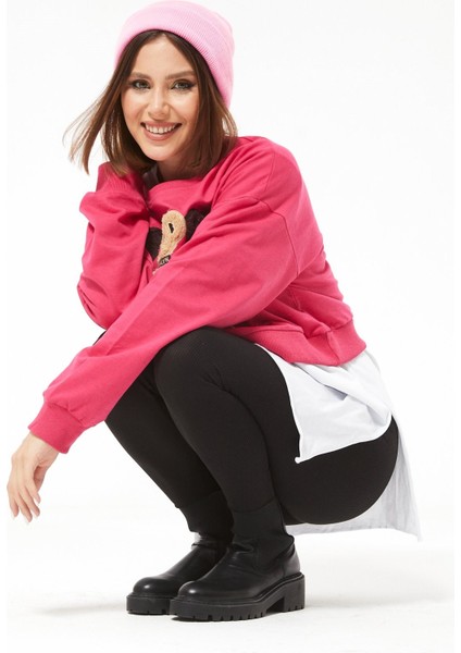 Sıfır Yaka Ayıcık Figürlü Sweat Koyu Pembe fırsatları