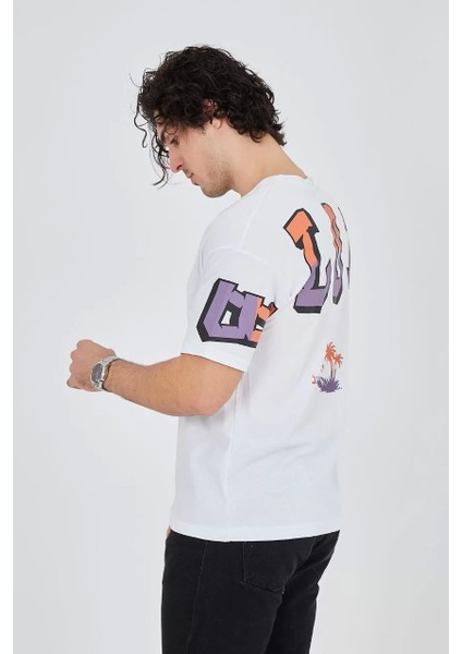 Erkek Ön ve Arka Baskılı T-Shirt - Beyaz