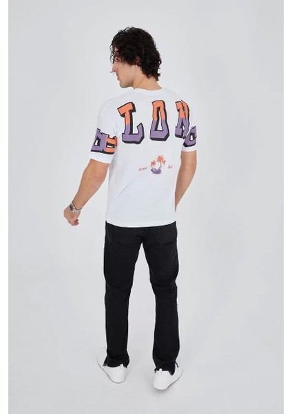 Erkek Ön ve Arka Baskılı T-Shirt - Beyaz