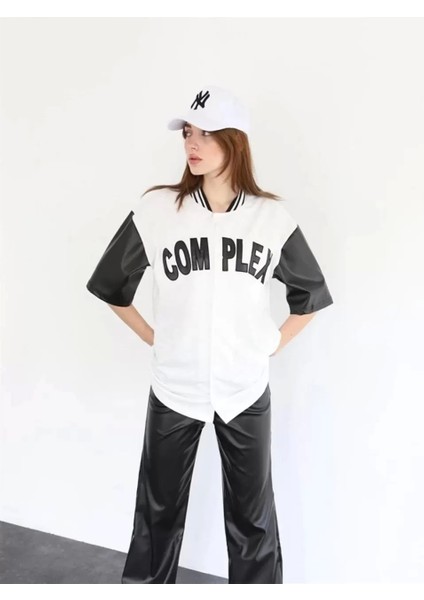 Kadın Complex Kolları Deri Kolej Oversize T-Shirt - Beyaz