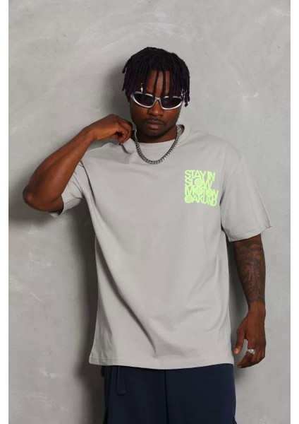 Erkek Baskılı Bisiklet Yaka T-Shirt 20/1 Penye - Gri