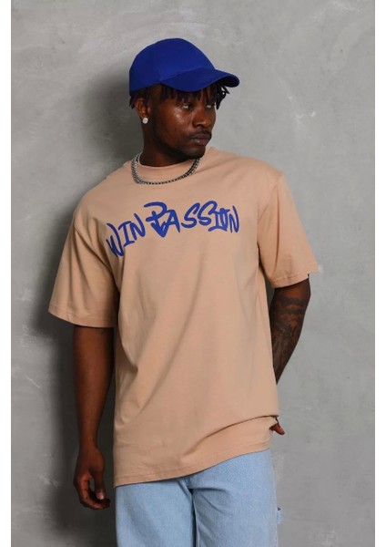 Erkek Baskılı Bisiklet Yaka T-Shirt 20/1 Penye - Bej