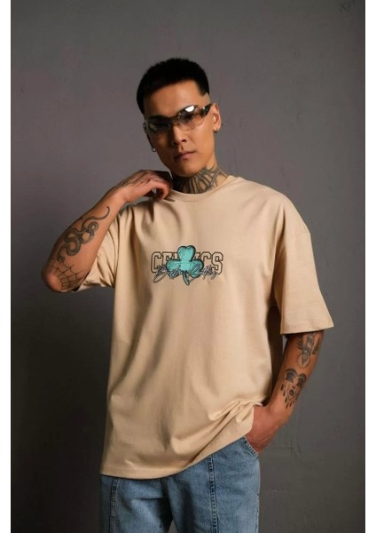 Erkek Sırt Baskılı t-Shirt - Bej