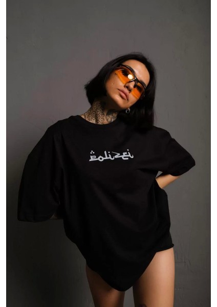 Kadın Bisiklet Yakalı Sırt Baskılı Oversize T-Shirt - Siyah