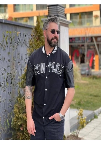 Erkek Complex Kolları Deri Kolej Oversize T-Shirt - Siyah