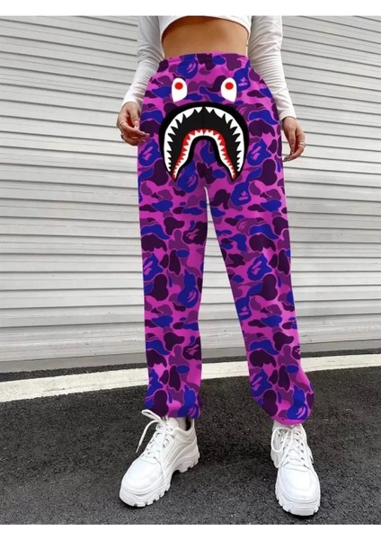 Kadın Bape Shark Dijital Baskılı Eşofman Altı - Mor