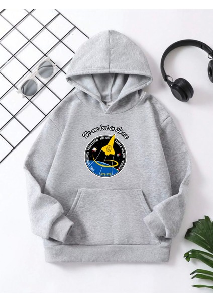 Çocuk Unisex Kapüşonlu Space Baskılı Pamuklu Sweatshirt - Gri