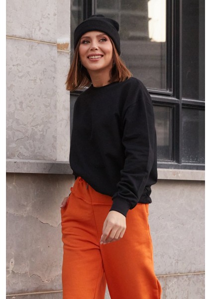 Salaş Sweatshirt Yumuşak Dokulu Düz Siyah