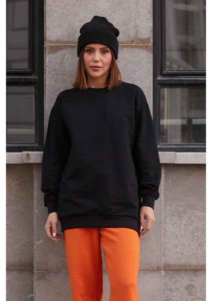 Salaş Sweatshirt Yumuşak Dokulu Düz Siyah modelleri