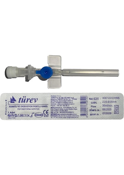 Kanül Mavi Kanatlı ve Enjeksiyon Portlu 22G-0,9X25MM, Akış:36 Ml/dk 100AD