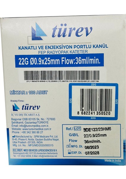 Kanül Mavi Kanatlı ve Enjeksiyon Portlu 22G-0,9X25MM, Akış:36 Ml/dk 100AD