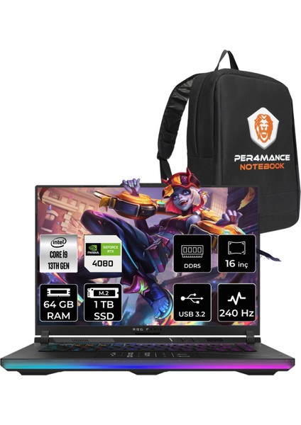 Rog Strix 16 Intel Core I9 13980HX 64GB 1tb SSD RTX4080/12GB 240HZ 16" Qhd+ Fdos Taşınabilir Bilgisayar NM042 & Per4 Çanta NM042P333