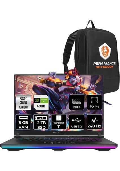 Rog Strix 16 Intel Core I9 13980HX 8gb 2tb SSD RTX4080/12GB 240HZ 16" Qhd+ W11P Taşınabilir Bilgisayar NM032 & Per4 Çanta NM032P384