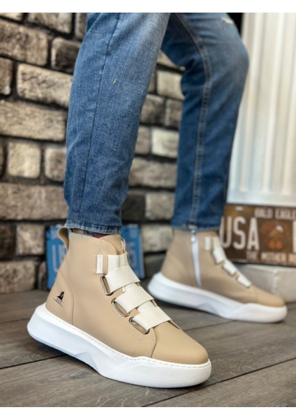 BA0142 Bantlı Erkek Yüksek Taban Krem Beyaz Spor Bot fiyatları