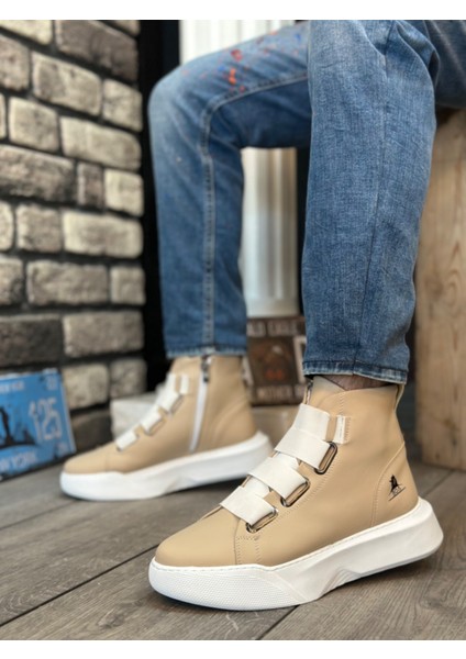 BA0142 Bantlı Erkek Yüksek Taban Krem Beyaz Spor Bot