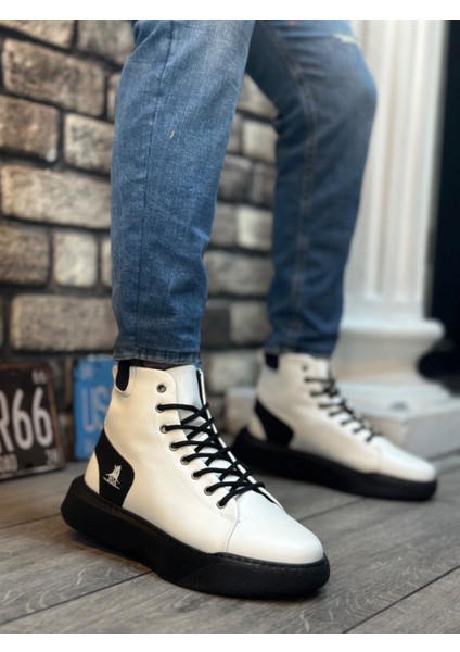 BA0155 Bağcıklı Erkek Yüksek Taban Beyaz Siyah Taban Spor Bot