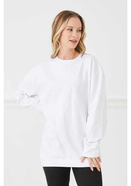 Salaş Sweatshirt Yumuşak Dokulu Düz Beyaz