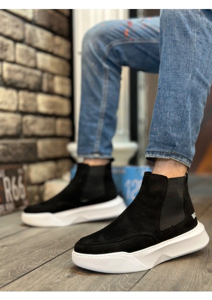 BA0150 Bağcıksız Bantlı Erkek Yüksek Taban Yeni Süet Siyah Beyaz Taban Spor Bot