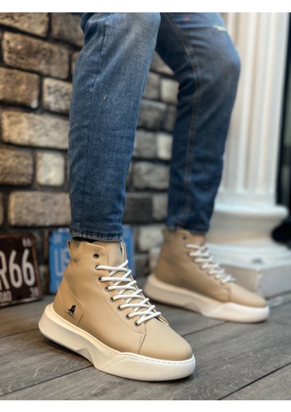 BA0155 Bağcıklı Erkek Yüksek Taban Krem Beyaz Taban Spor Bot