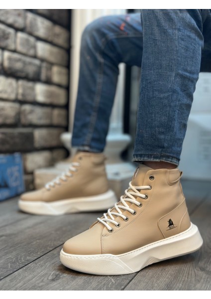 BA0155 Bağcıklı Erkek Yüksek Taban Krem Beyaz Taban Spor Bot fiyatları