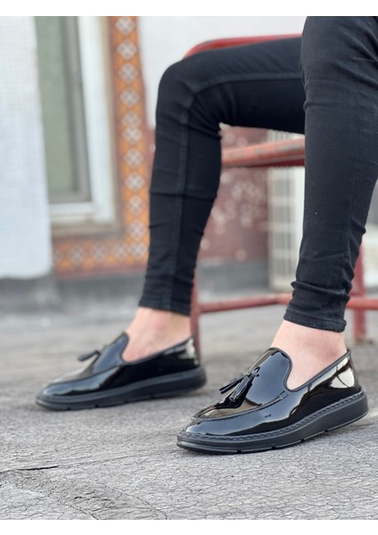 BA0005 Bağcıksız Yüksek Taban Siyah Rugan Klasik Püsküllü Corcik Erkek Ayakkabısı