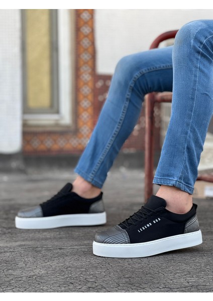 BA0104 Bağcıklı Siyah Ekose Süet Beyaz Taban Spor Klasik Erkek Ayakkabı