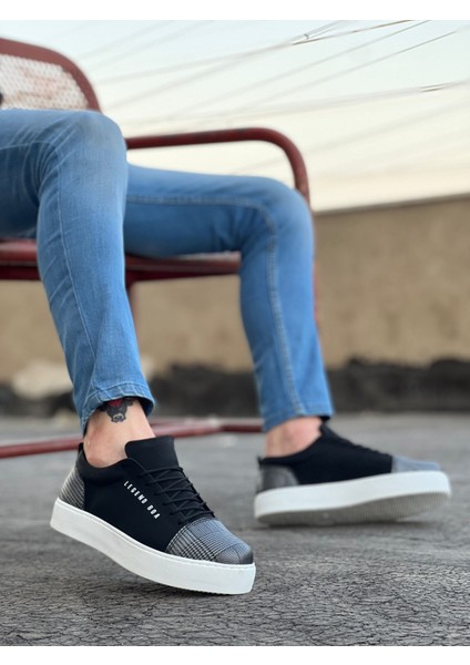 BA0104 Bağcıklı Siyah Ekose Süet Beyaz Taban Spor Klasik Erkek Ayakkabı