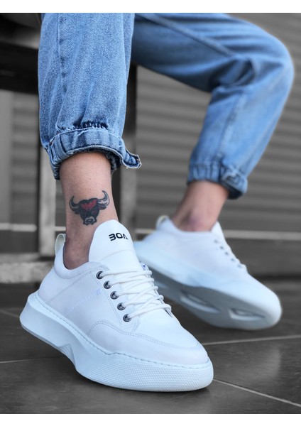 BA0163 Bağcıklı Erkek Yüksek Taban Beyaz Spor Ayakkabı