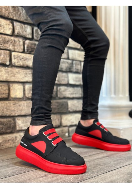 BA0302 Boa Kalın Taban Bağcıksız Tarz Casual Siyah Kırmızı Erkek Ayakkabı